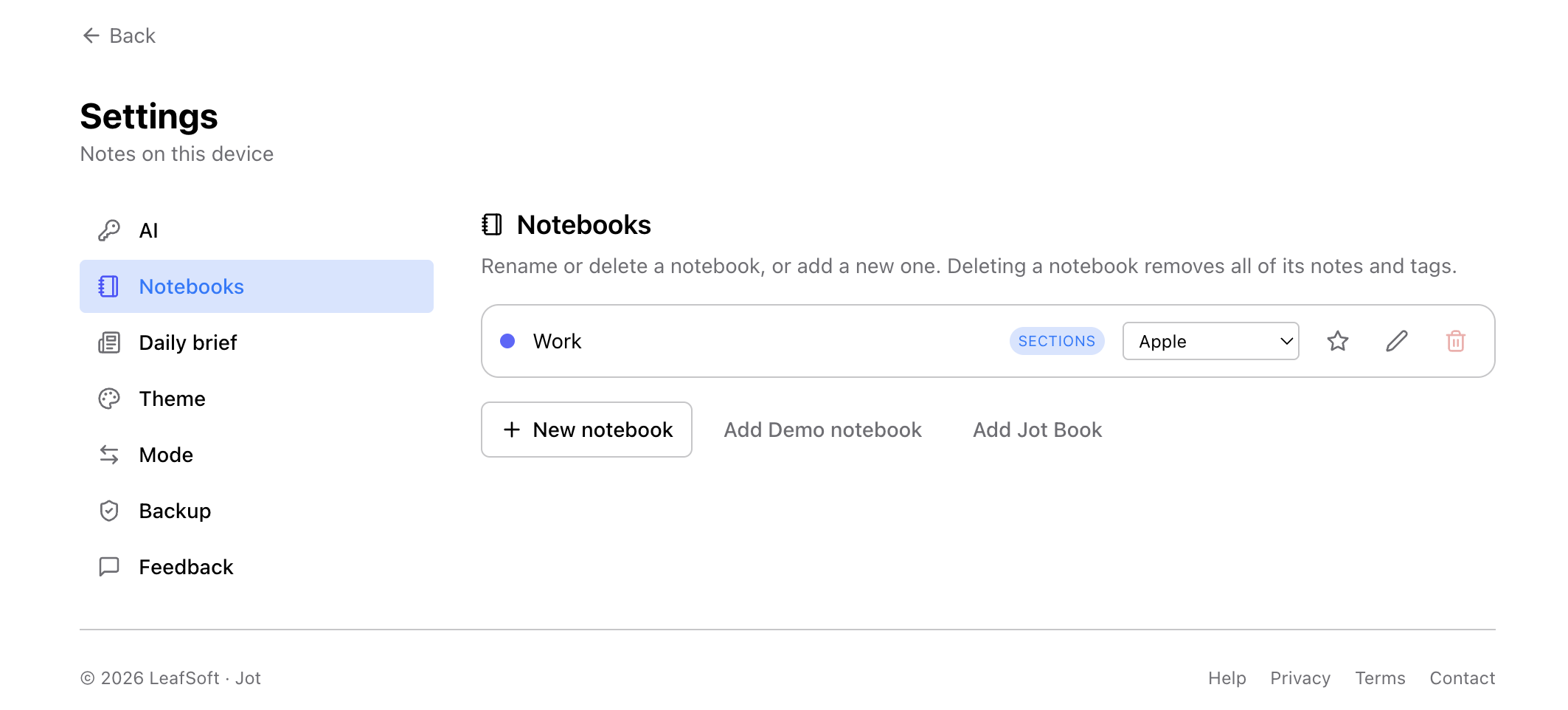Jot's Settings → Notebooks screen with an “Add Jot Book” button beside “Add Demo notebook” — the “How Jot works” book is added in one click.