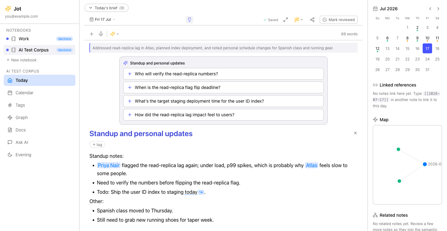 Jot's idea bulb open on a note, suggesting context-aware 'what's missing' questions such as 'Who will verify the read-replica numbers?' and 'When is the flag-flip deadline?' — each addable with a plus.