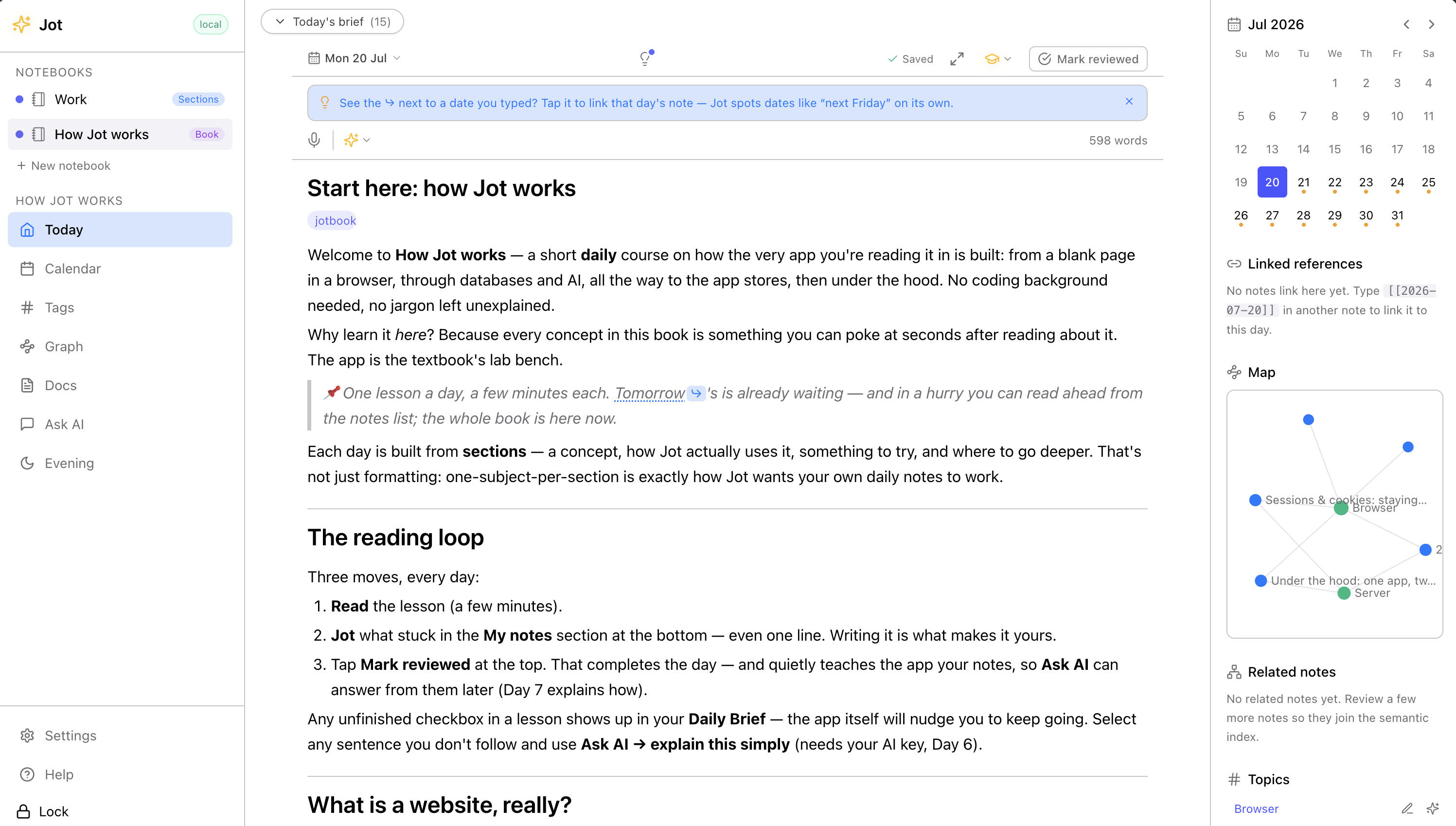 The Jot Book open in Jot — the first lesson “Start here: how Jot works,” shown as a book page with the reading loop, tagged jotbook, the “How Jot works” notebook in the sidebar, and a connections map on the right.