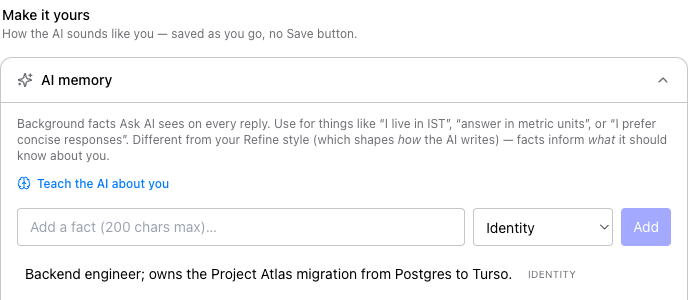 Jot's AI memory panel: teach the AI background facts about you, shown with an example fact and an add-a-fact field.