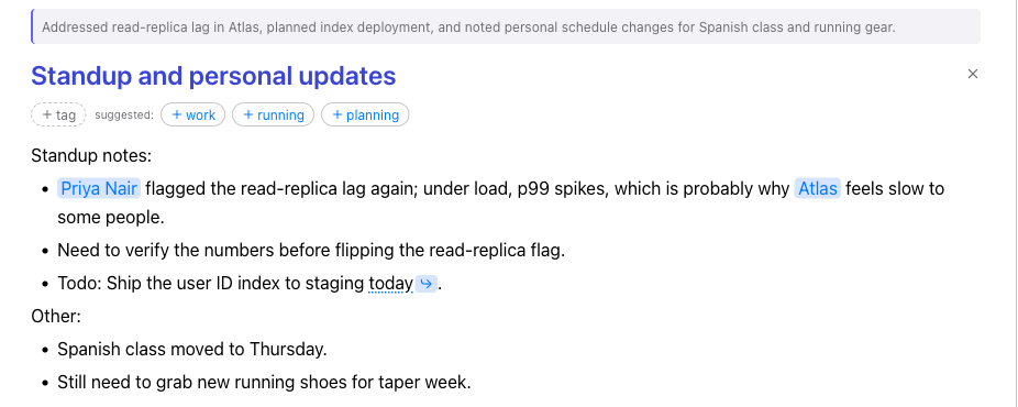The same note after Refine: clean sentences, a short summary, tidy structure, and auto-created links.