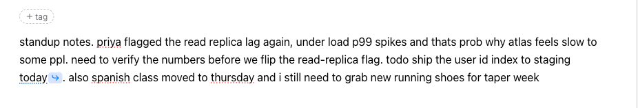 A rough note typed in a hurry: lowercase, run-on sentences, abbreviations.
