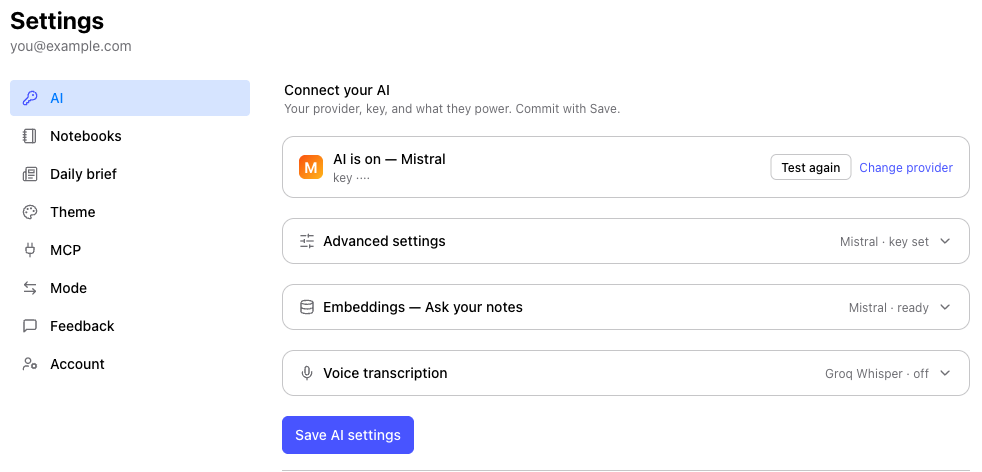 Jot's Settings → AI screen: pick a provider, paste your key, test it, and save. A note says the key is stored encrypted and used only by your account.