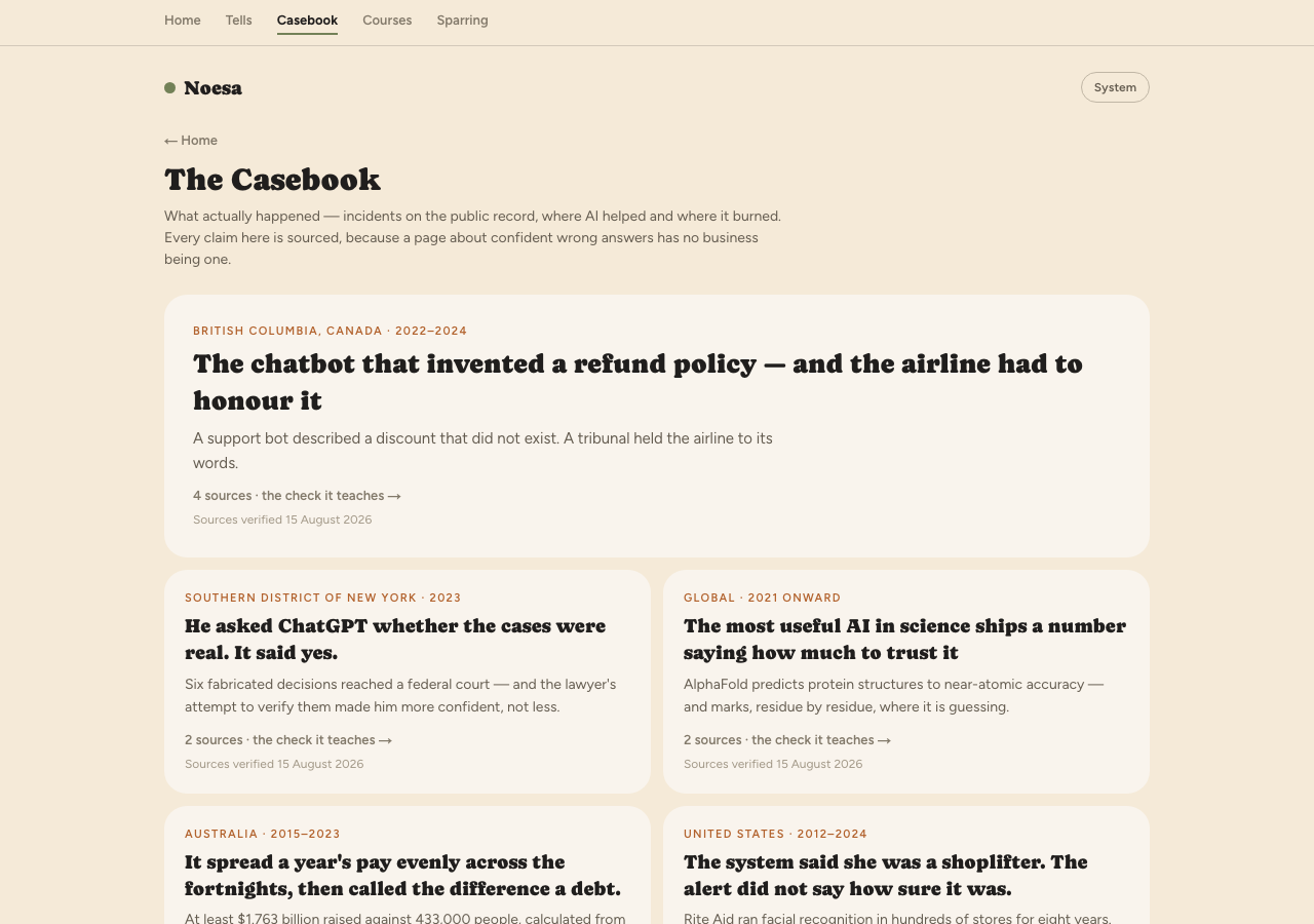 The Casebook — real AI incidents on the public record, each card giving the place, the years, what happened, the number of sources, and the date the sources were verified.
