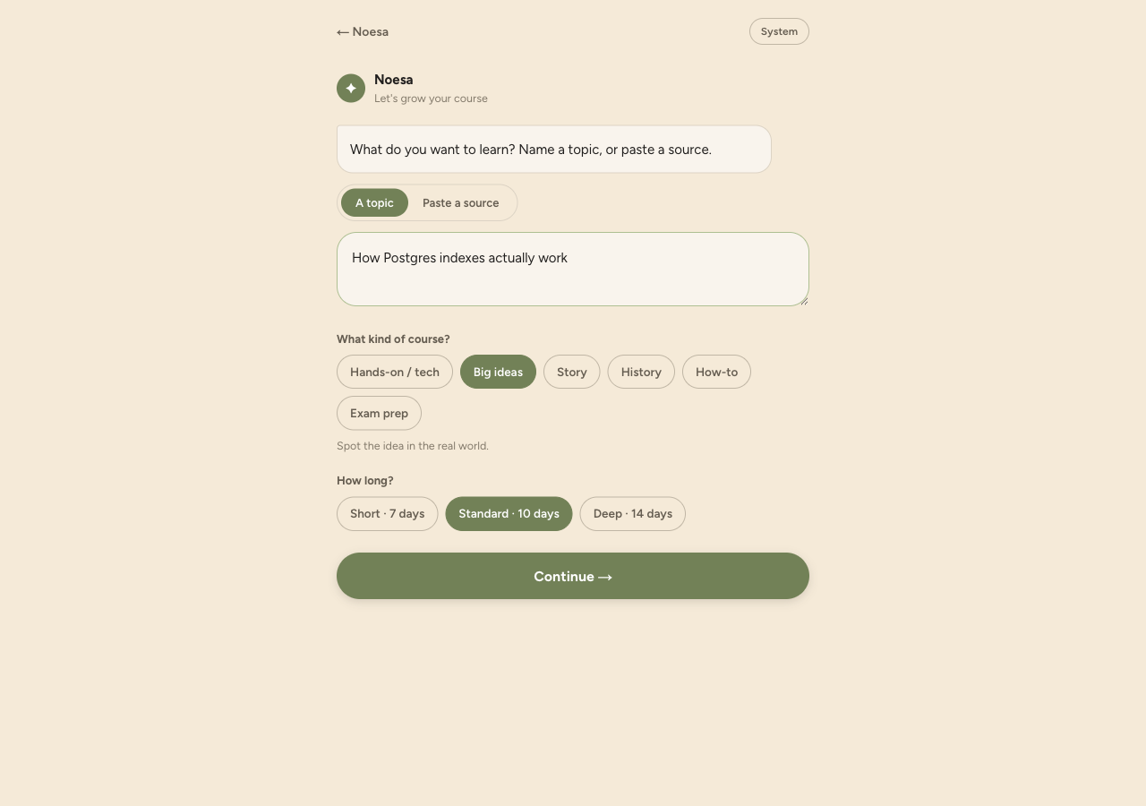 A Noesa course overview — the day-by-day ledger of a multi-day course with each day's goal, progress, and what's next.