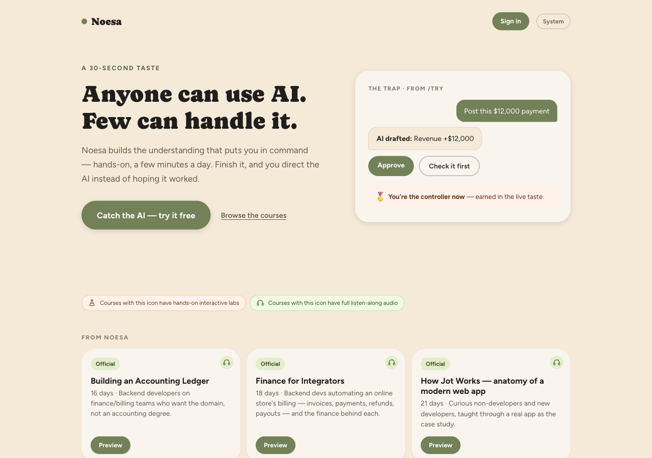 Noesa's home screen — a catalog of daily courses to pick from, your in-progress courses with day counts and streaks, and an option to create your own course.