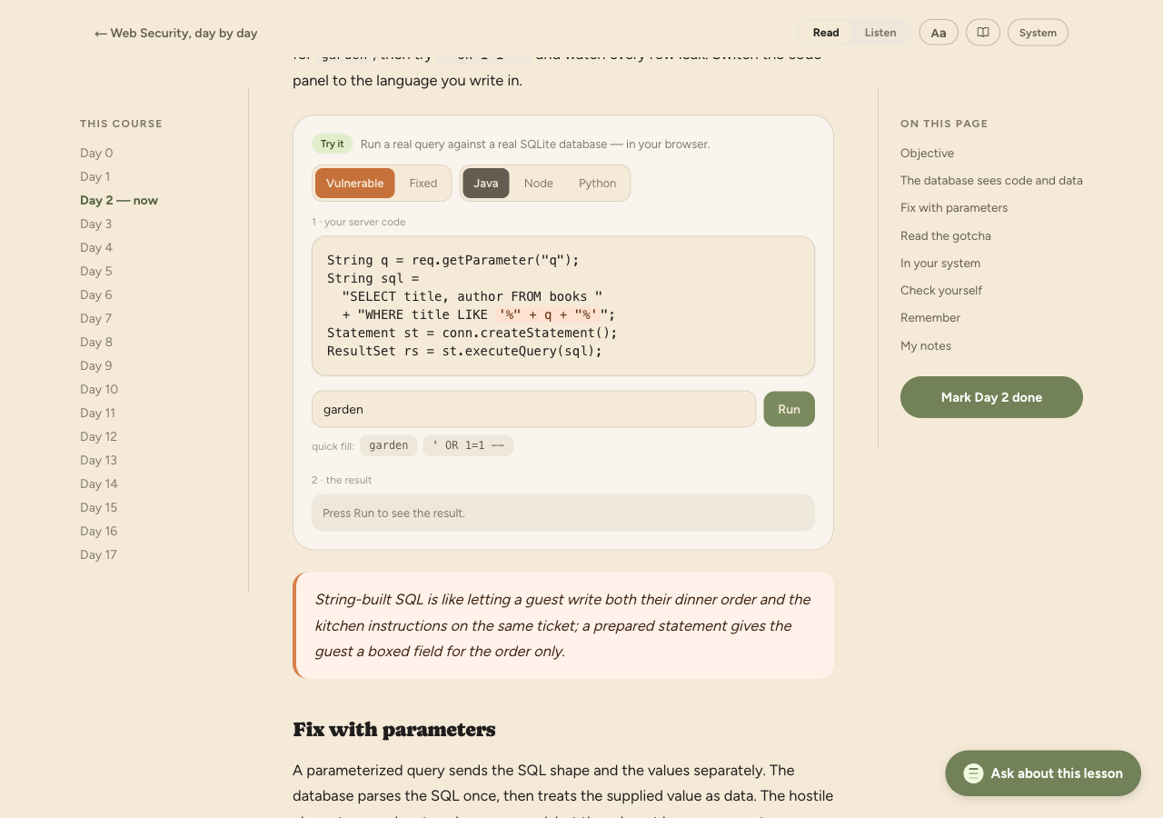 A hands-on lab embedded in a Noesa lesson — run a real query against a real SQLite database in the browser, with a vulnerable-vs-fixed toggle and a language switch.