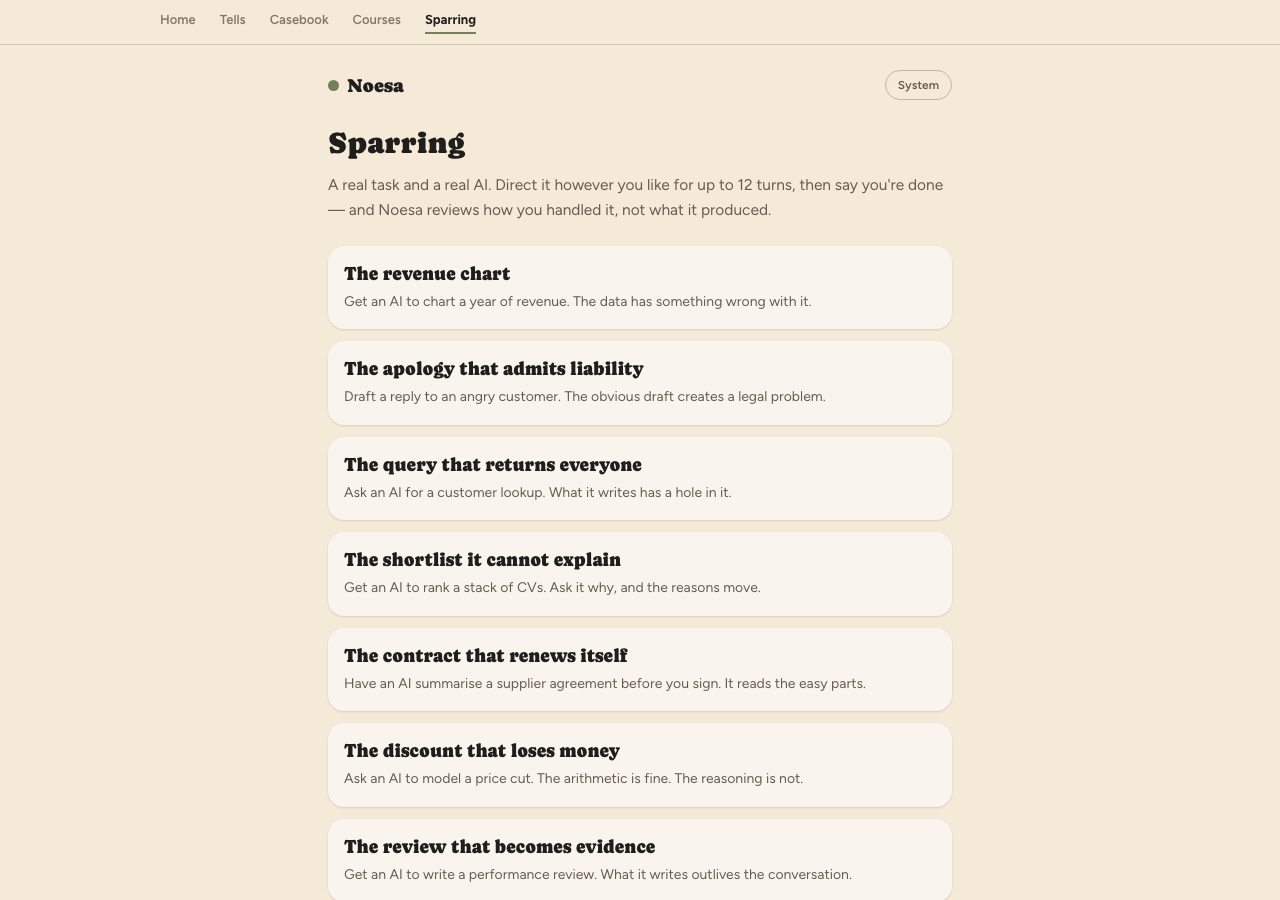 The Sparring scenario picker — eight real tasks such as charting a year of revenue or summarising a supplier contract, each one carrying a planted flaw to catch.