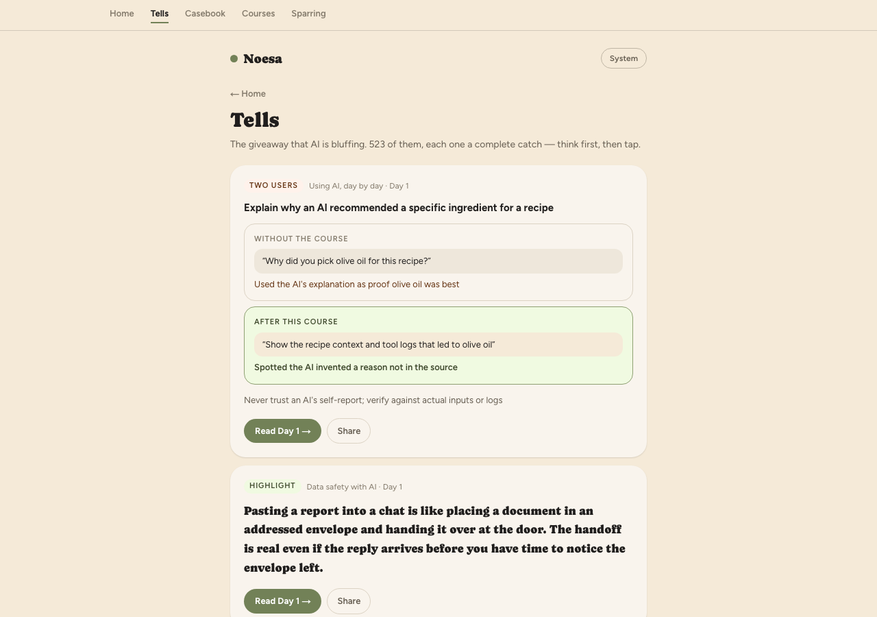 The Tells feed — cards that each name one thing AI gets wrong, including a two-user comparison of the same request asked with and without the course behind it.